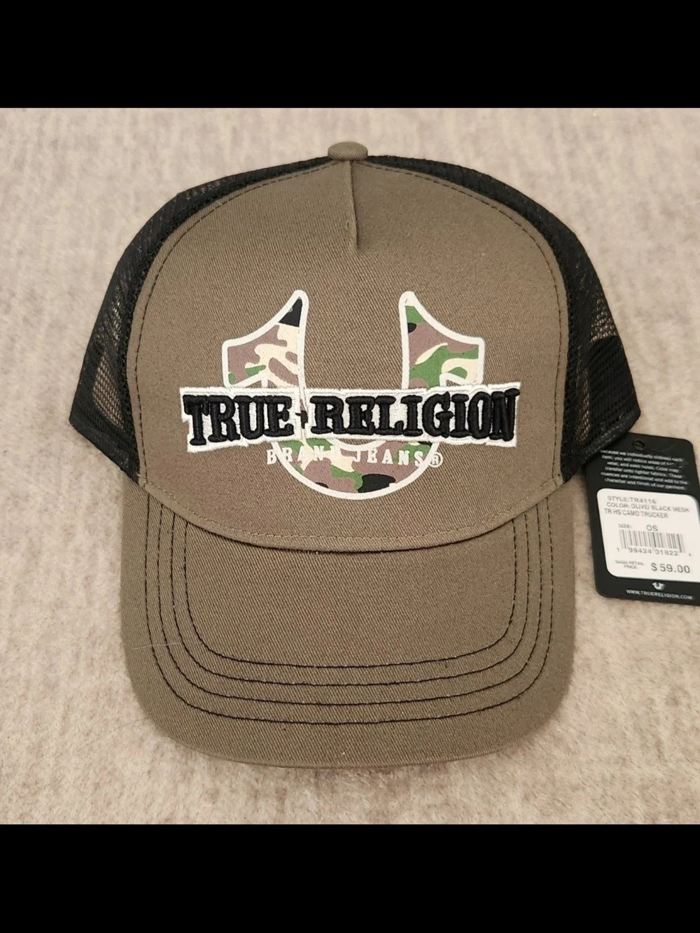 True Religion Mens Khaki Camo Logo Mesh Trucker Hat